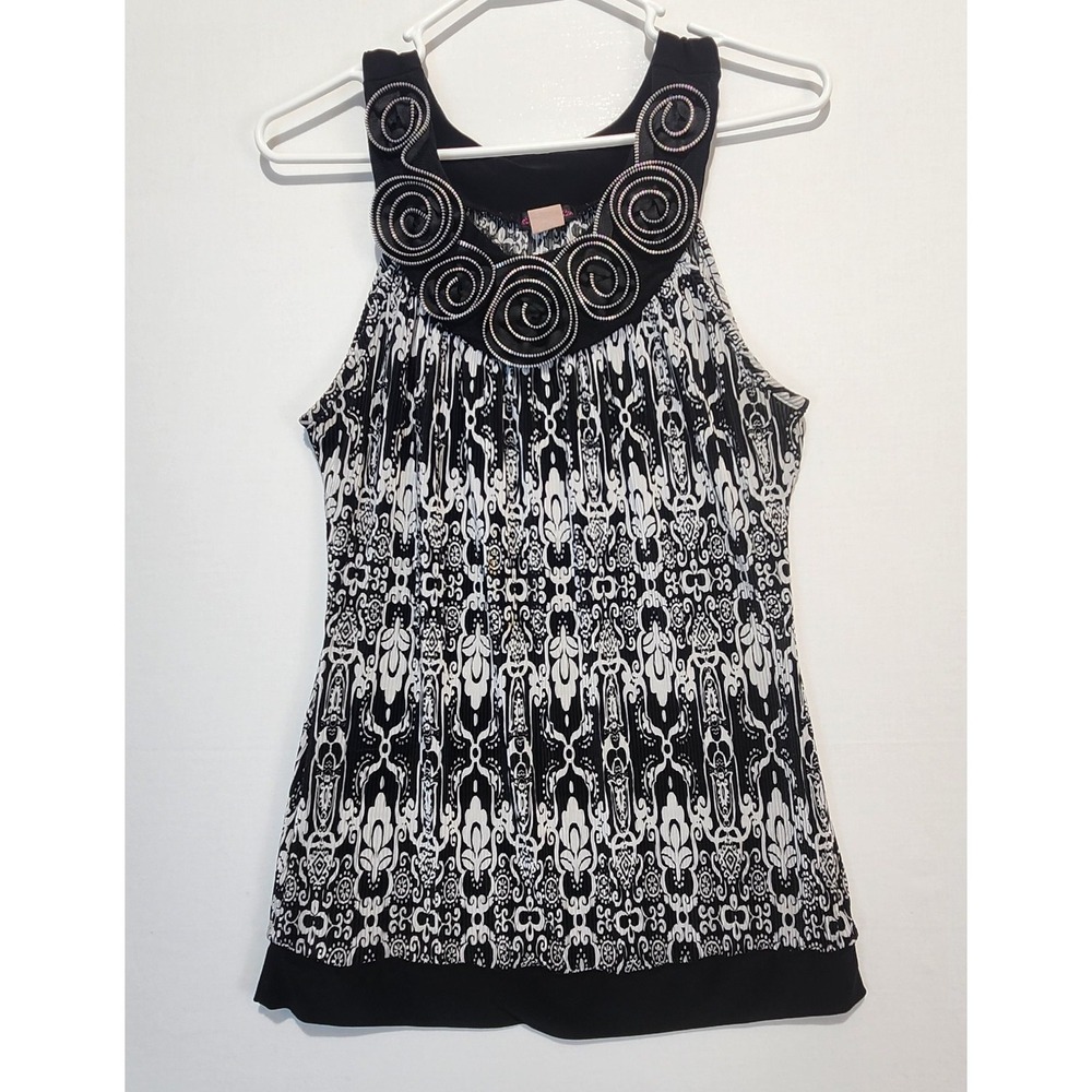 Cocomo Women's Y2K Embellished Neck Line Boho Tank Top Black/White Size S
